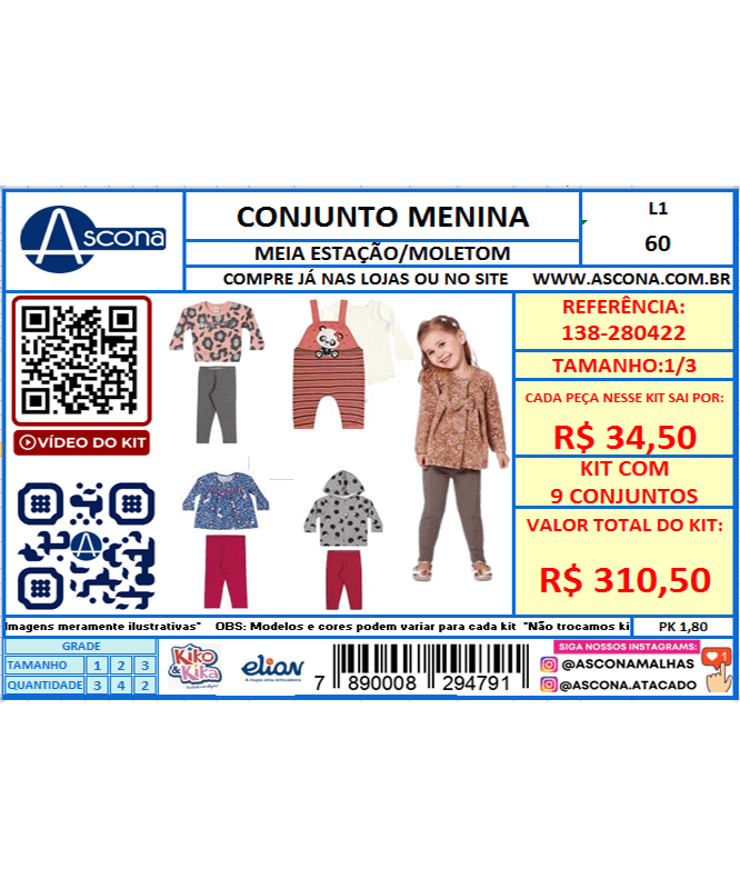 Kit 9 Conjuntos Atacado Revenda Infantil Menina Inverno Elian 1 3 138 280422 Ascona