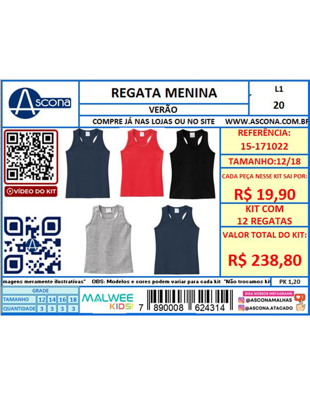 Kit 10 Blusa/Regata Atacado Revenda Juvenil Menina Verão Malwee Kids 10/18  - 193-301023 - Ascona