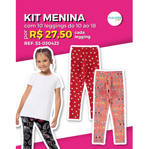 Kit 5 Leggings Cotton Meia Estação Atacado Infantil Menina Tamanho Único  10, 12, 14, 16 ou 18 Malwee Kids - 48-090123 - Ascona