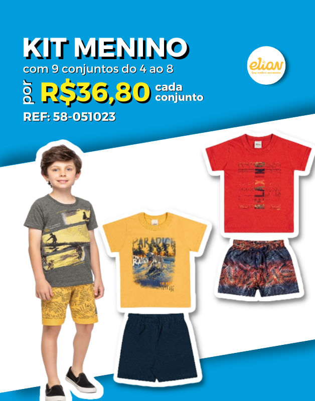 Kit 9 Conjunto Camiseta e Bermuda Moletinho/Microfibra Atacado Revenda  Menino Infantil Verão Elian 4/8 - 58-051023 - Ascona