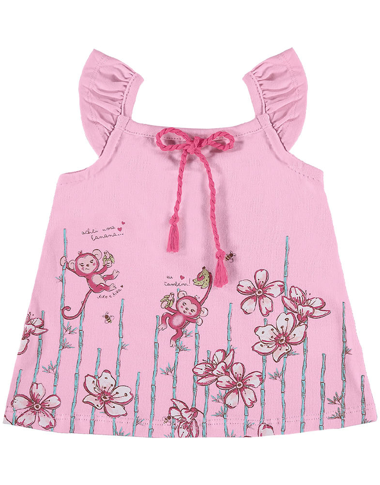 Blusa Kiko e Kika Bebê Menina Verão com Lacinho e Estampa Macaco P