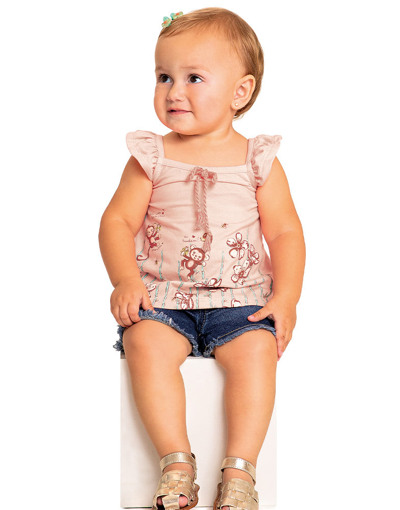 Blusa Kiko e Kika Bebê Menina Verão com Lacinho e Estampa Macaco P